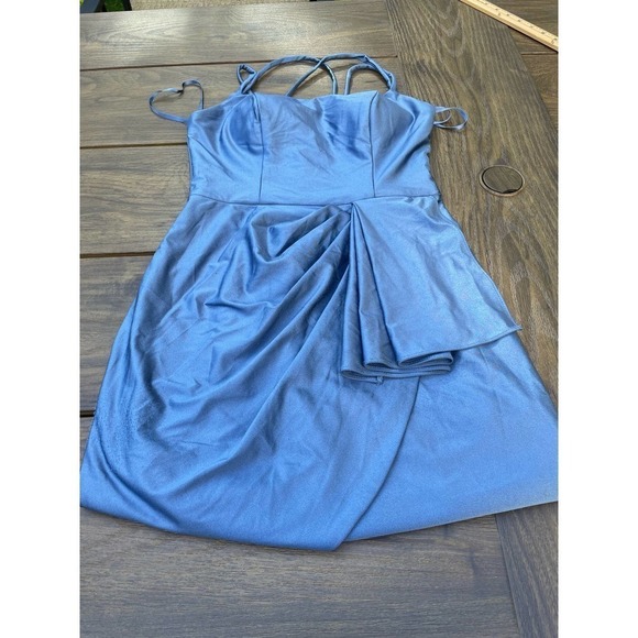 Blondie Nites Satin Strappy Bodycon Dress Juniors 3 Slate Solid Pleated Back Zip - Picture 1 of 7